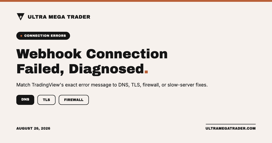 A digital informational graphic from Ultra Mega Trader with the headline 'Webhook Connection Failed, Diagnosed.' on a light beige background.