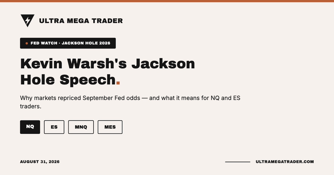 Kevin Warsh's Jackson Hole Speech graphic showing NQ, ES, MNQ, and MES tags, Ultra Mega Trader, August 31, 2026.
