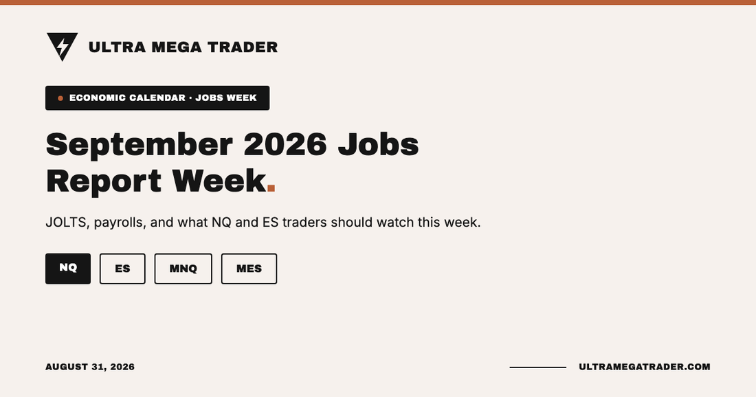 September 2026 Jobs Report Week graphic showing NQ, ES, MNQ, and MES tags, Ultra Mega Trader, August 31, 2026.