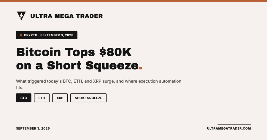 Ultra Mega Trader hero graphic reading "Bitcoin Tops $80K on a Short Squeeze" with BTC, ETH, XRP, and Short Squeeze tags, dated September 3, 2026.
