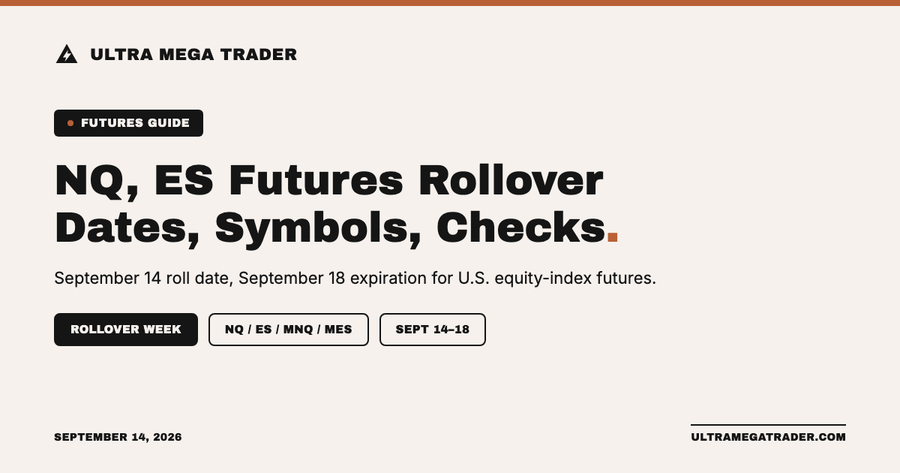 Ultra Mega Trader hero graphic titled "NQ, ES Futures Rollover: Dates, Symbols, Checks" with tags for Rollover Week, NQ/ES/MNQ/MES, and September 14-18, 2026.