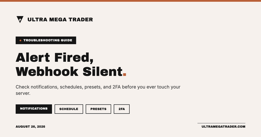 Ultra Mega Trader hero graphic reading Alert Fired, Webhook Silent for a troubleshooting guide covering TradingView webhook notifications, schedules, presets, and 2FA