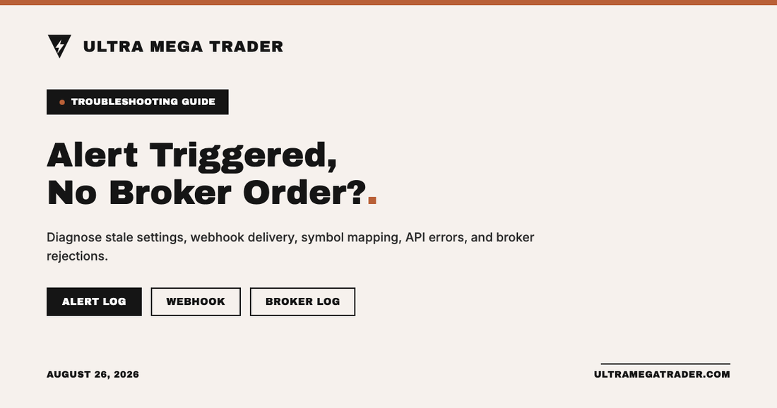 TradingView alert-to-broker order troubleshooting flow with strategy, alert, webhook, and broker stages