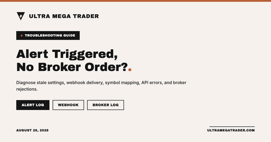 TradingView alert-to-broker order troubleshooting flow with strategy, alert, webhook, and broker stages