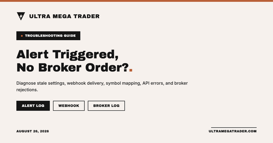 TradingView alert-to-broker order troubleshooting flow with strategy, alert, webhook, and broker stages