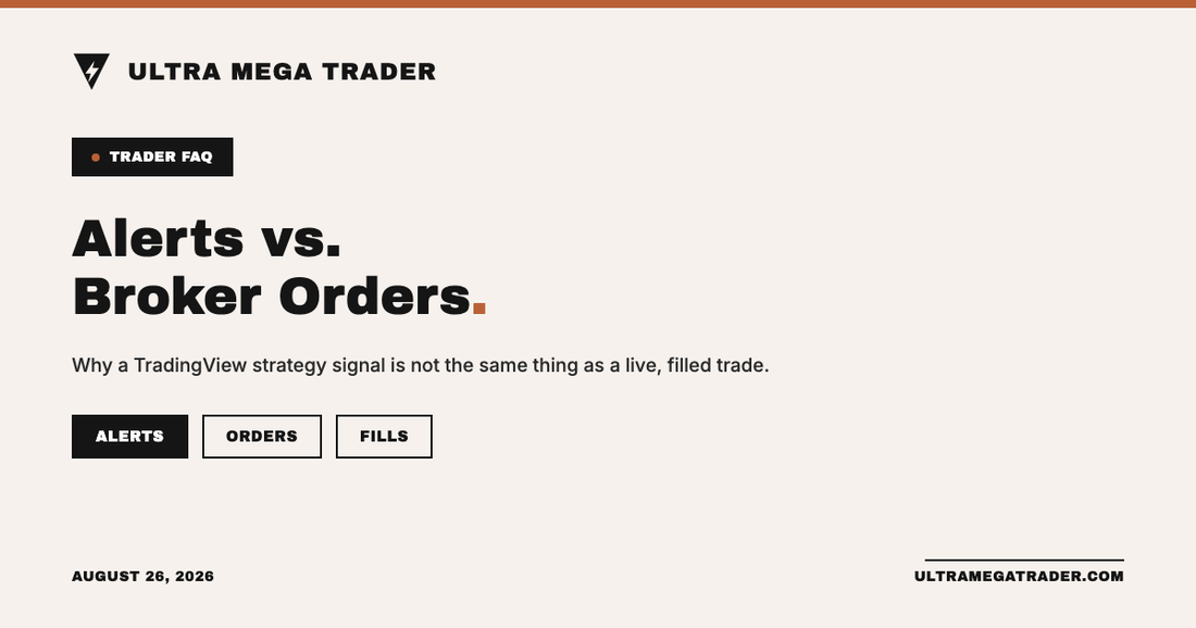 TradingView strategy signal, alert, broker order, and live fill compared in sequence