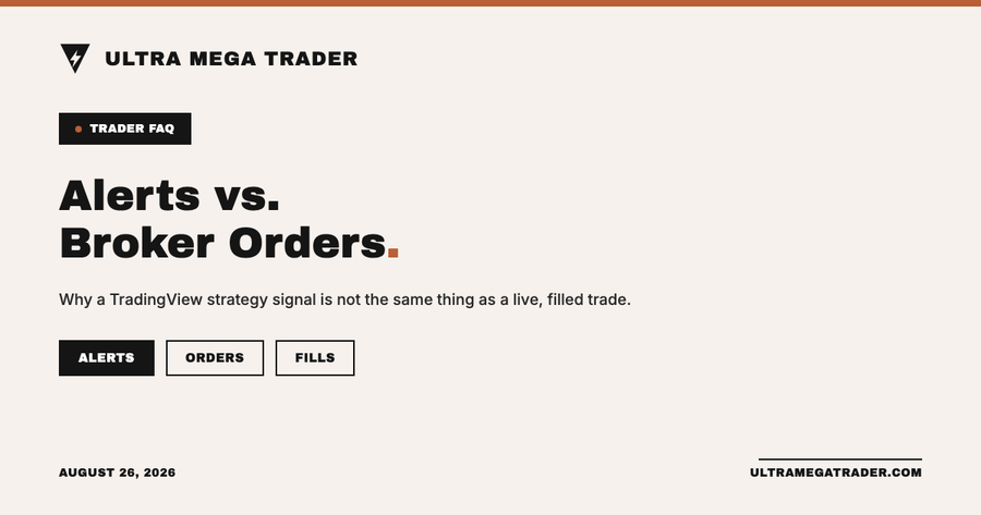 TradingView strategy signal, alert, broker order, and live fill compared in sequence
