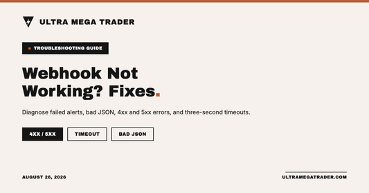 TradingView webhook failure diagnostic showing timeout, 4xx, 5xx, JSON, and URL checks